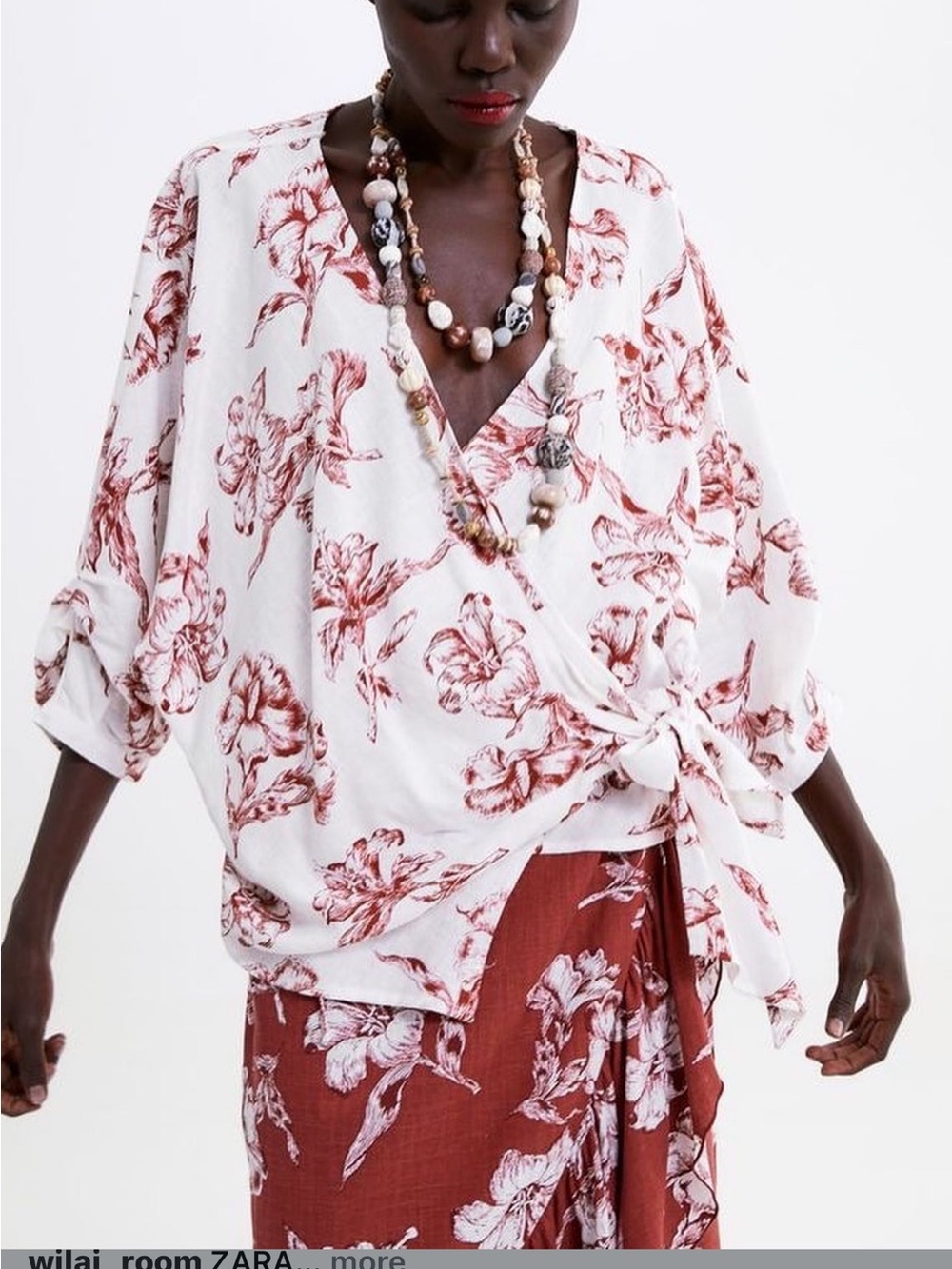 ZARA linen blend Hibiscus Floral Wrap Tunic blouse Sz L